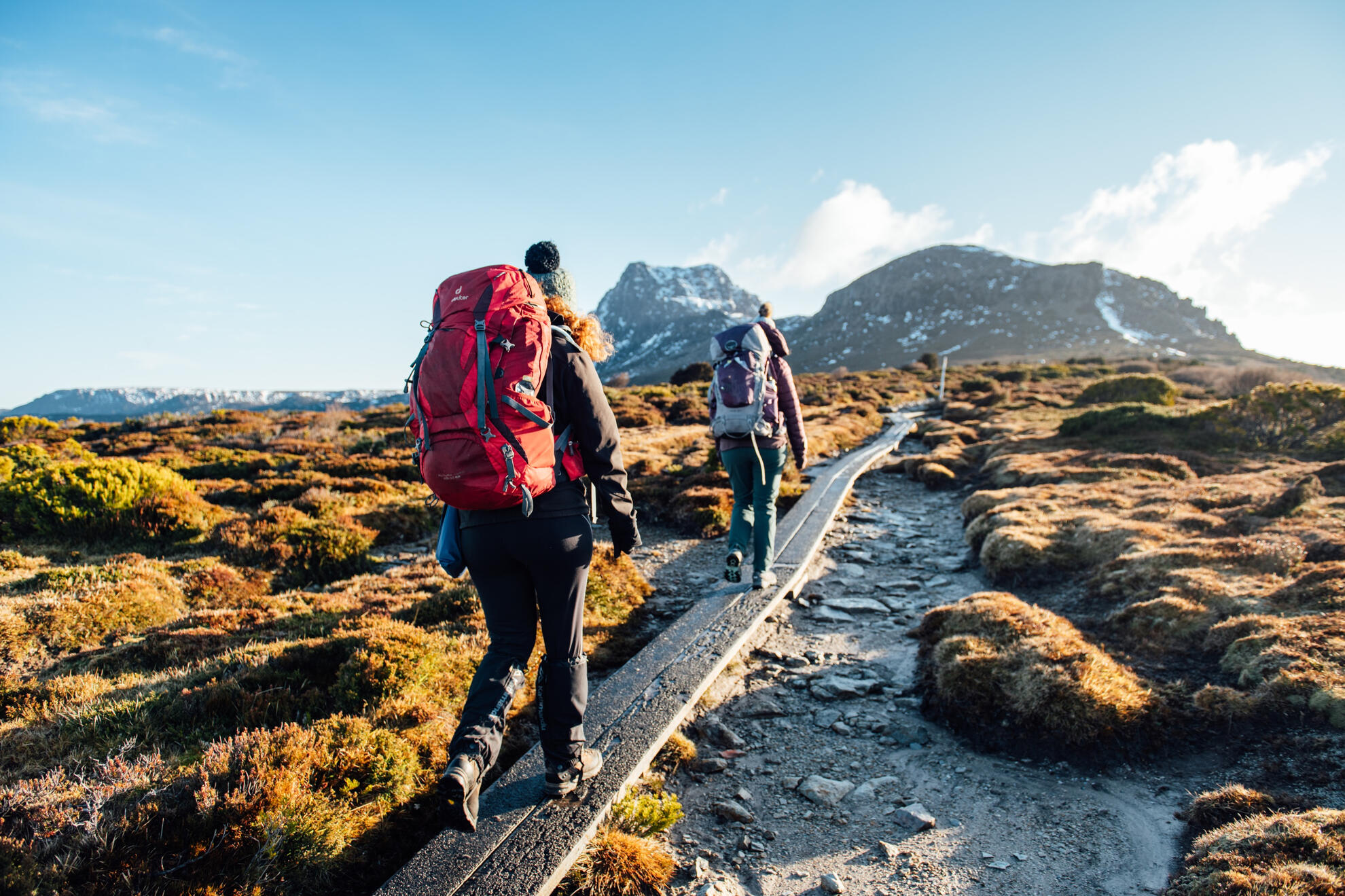 Overland track hiking Hikers ascending the rocky terrain of the Overland track with sweeping views of the valley.